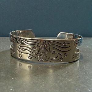 Silver Butterfly & Floral Engraved Cuff Bracelet- Size 6”